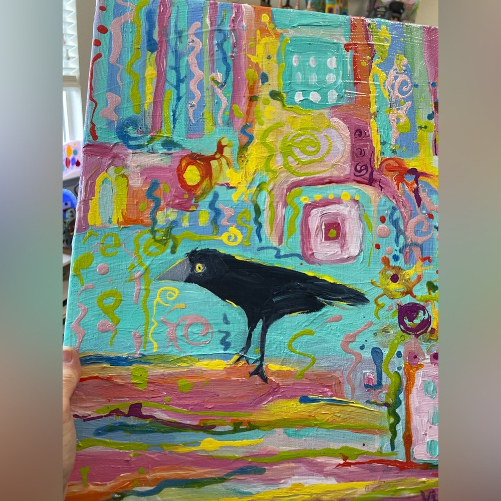 “Choose Happiness “Large Original Acrylic Painting 18”x14” With Crow - Picture 11 of 11
